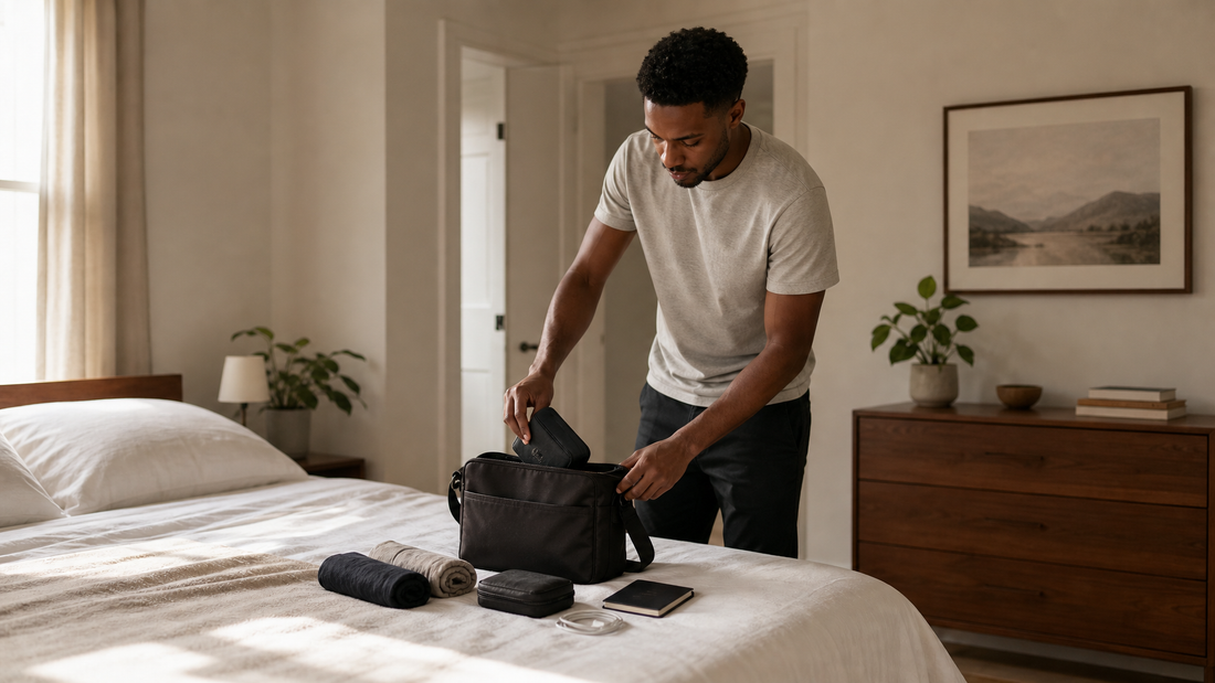 Man packing a compact dark crossbody bag on a clean bed, a few deliberately chosen items laid out beside it — rolled clothing, toiletry kit, charger — natural window light, minimal bedroom