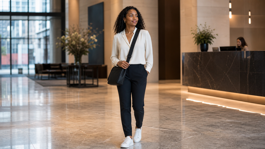 Black woman in her early 30s in smart-casual attire arriving at a modern office building lobby, compact matte black crossbody messenger bag at her hip — the commute complete, settled and organized
