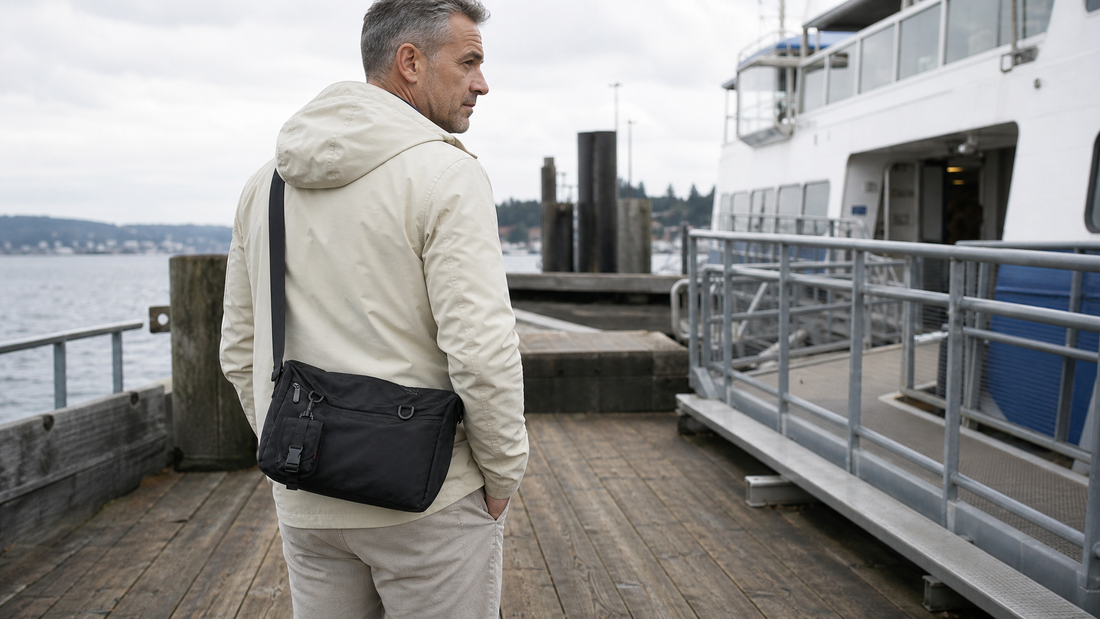 Commuter on a ferry dock wearing a black messenger bag, looking toward the boarding ramp
