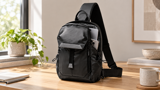 Black organized reflective nylon sling on a light oak desk with a closed 9.7-inch tablet silhouette nearby
