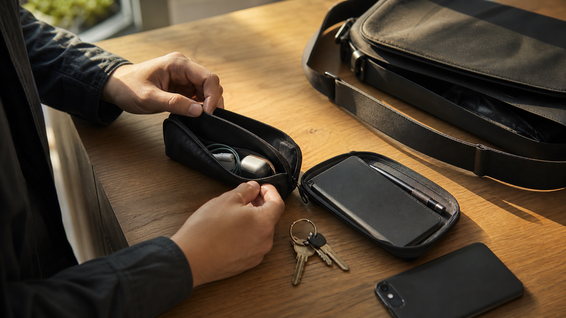 Hands organizing everyday carry essentials into small pouches on a sunlit desk beside an open black crossbody bag