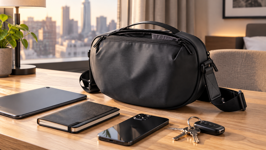 Black Transit Crossbody on a pale wood table with a compact tablet, phone, wallet, and keys, no laptop in the frame