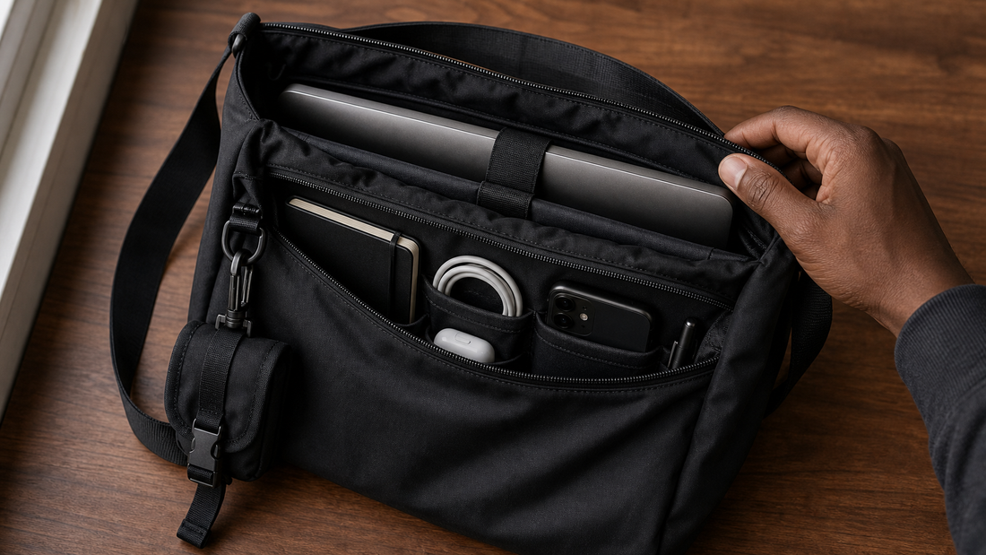Overhead close-up of a matte black messenger bag interior open on a warm wooden desk — padded laptop sleeve, organized pockets, slim notebook and cable settled in place, one hand at the top zip, soft morning window light