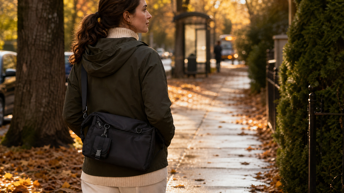 Walking commute bag setup with everyday essentials staged for a morning walk to work