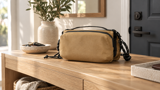 Tan organized multi-pocket compact crossbody product still life for everyday phone-scale carry