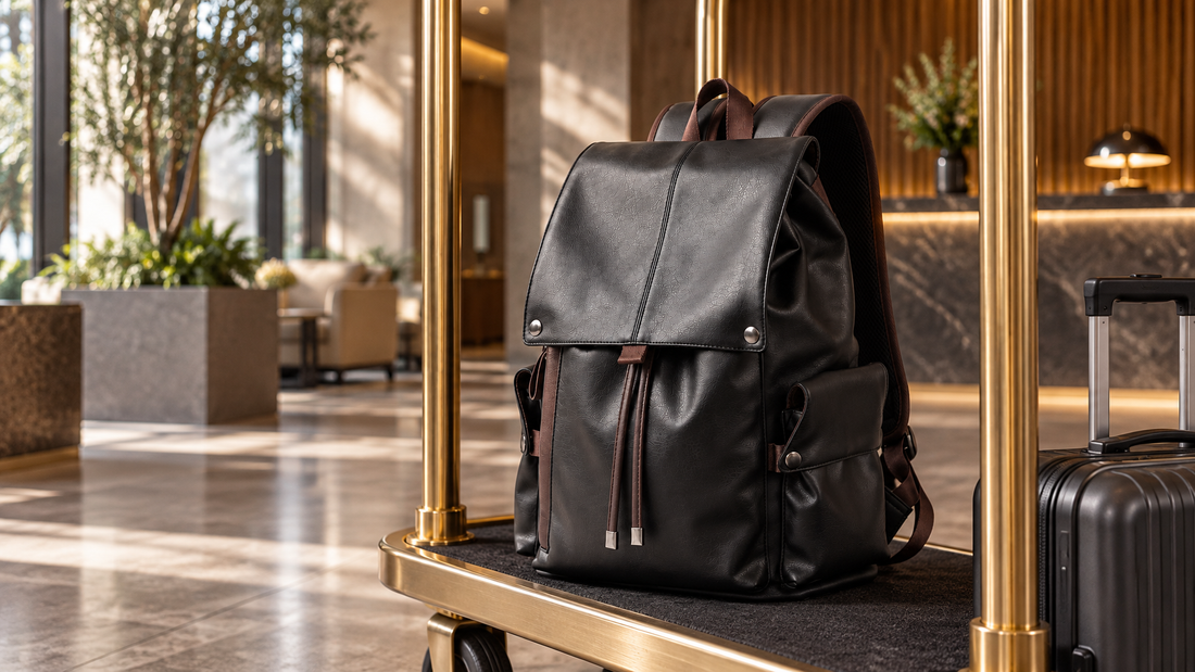 Black Calder Backpack PVC side-flap day pack product-led still life vs soft Oxford everyday pack