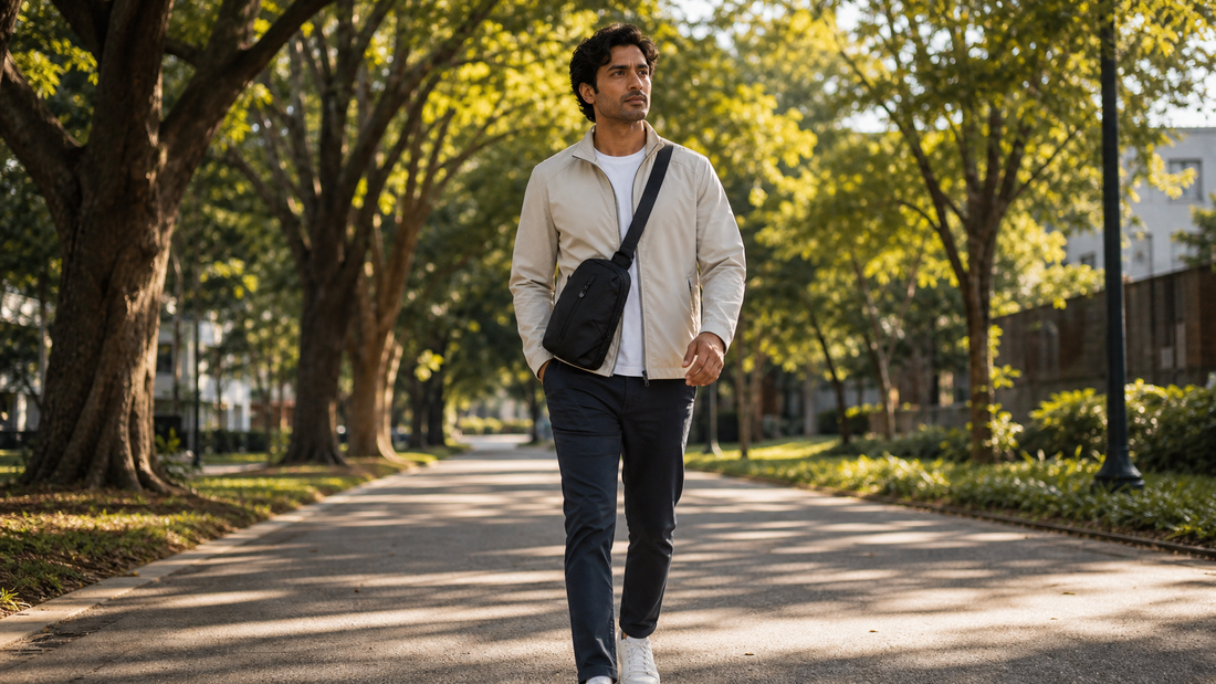 South Asian man in his late 30s walking along a tree-lined urban park path in morning light, compact matte black crossbody sling bag worn effortlessly at his hip, relaxed upright posture