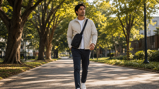 South Asian man in his late 30s walking along a tree-lined urban park path in morning light, compact matte black crossbody sling bag worn effortlessly at his hip, relaxed upright posture