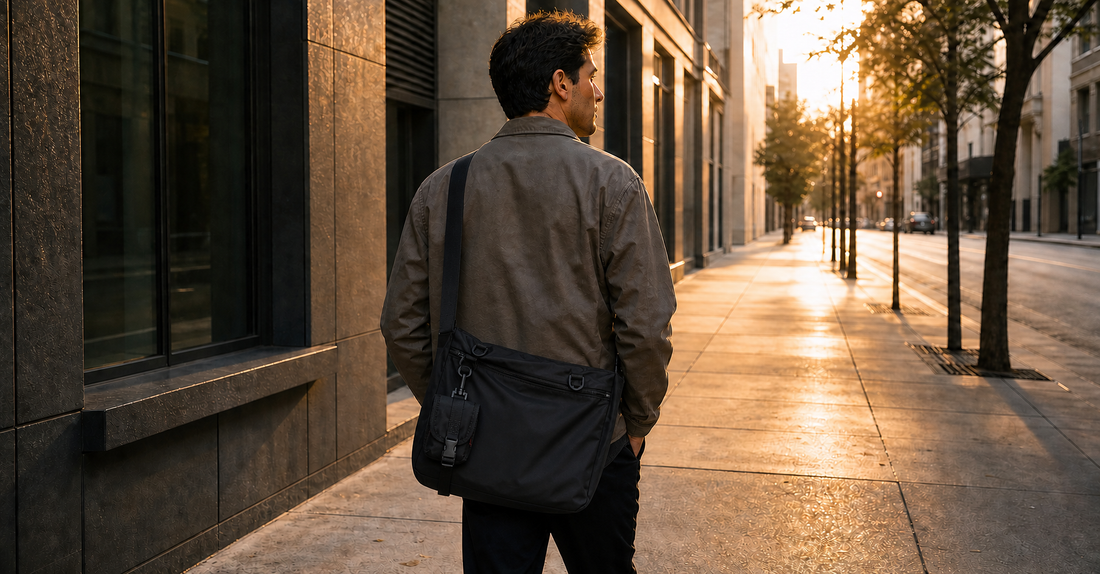 Person walking city sidewalk in early morning golden light wearing a large matte black commuter crossbody bag, editorial street photography style