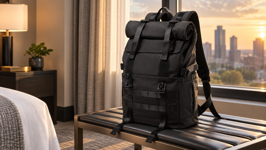 Black Transit Pack expandable roll-top on a hotel luggage bench, roll slightly unrolled