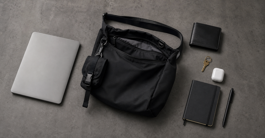 Minimalist everyday carry flat lay with black messenger bag, MacBook, wallet, keys, AirPods, and notebook on slate concrete surface