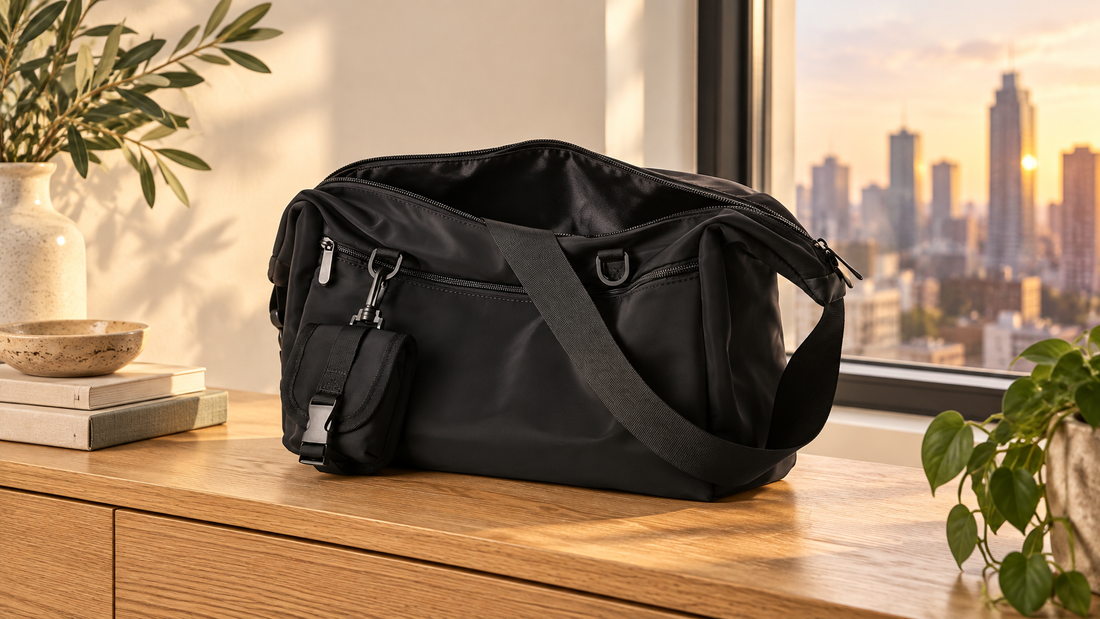 Black 14-inch messenger with open unpartitioned main well on a light oak desk
