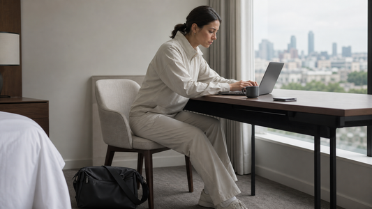 Woman at a hotel desk fully absorbed in work, laptop open, dark crossbody bag resting forgotten on the floor beside her — the carry that disappears when the system is right.