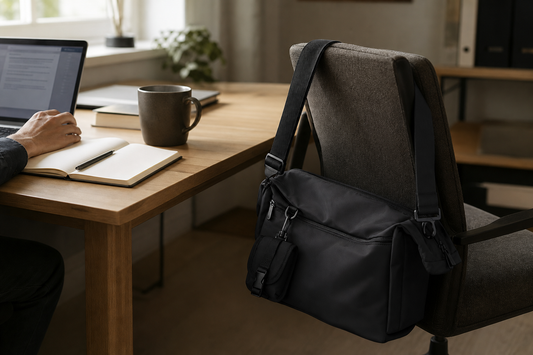 A clean workspace with an open laptop, notebook, and coffee, with a black crossbody messenger bag hanging naturally from the chair beside the desk