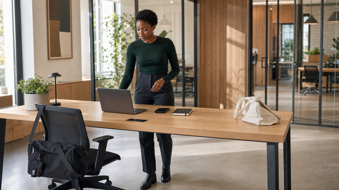 Woman in a dark green top standing at a co-working desk with a structured black messenger bag on her chair and a canvas tote set aside unused