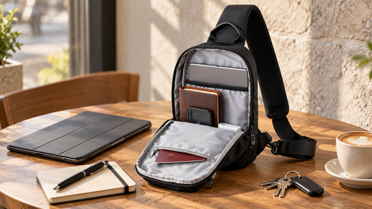 Black Commuter Sling open on a wood cafe table with tablet, notebook, keys, and coffee, tablet-only day kit