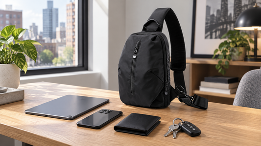 Product-led still life of a black tablet sling with a 9.7-inch tablet, no person