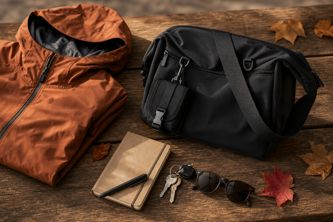 Seasonal autumn flat lay featuring a folded jacket, black crossbody messenger bag, and gear on a wooden table