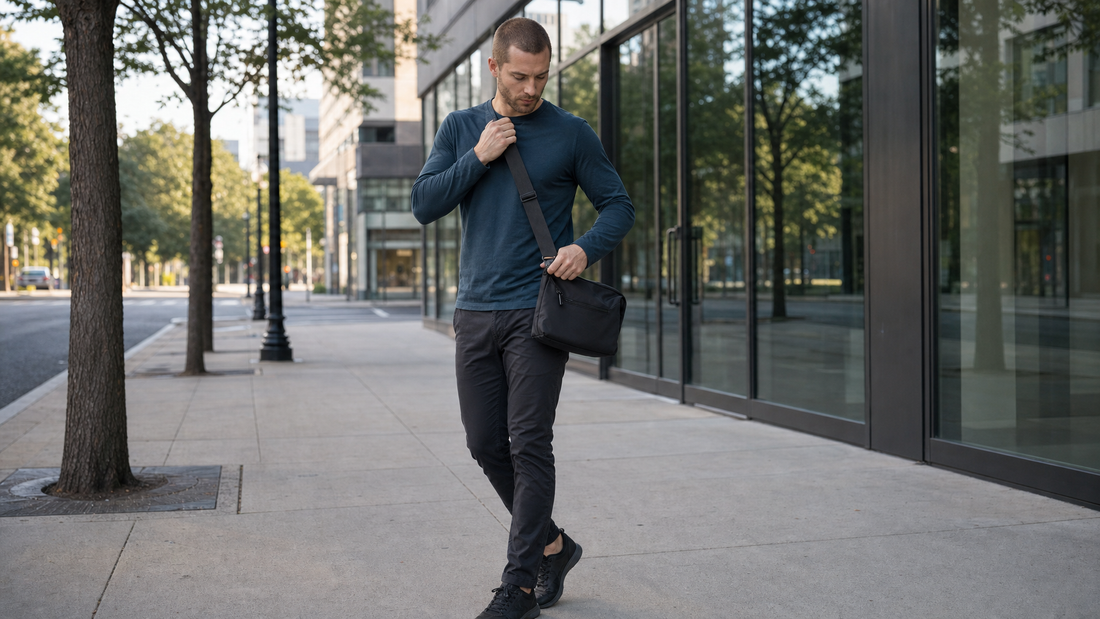 Man in a dark teal shirt adjusting the strap of a black crossbody messenger bag on a city sidewalk to get the correct hip-level position