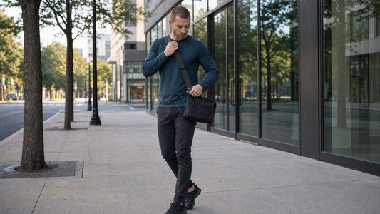 Man in a dark teal shirt adjusting the strap of a black crossbody messenger bag on a city sidewalk to get the correct hip-level position