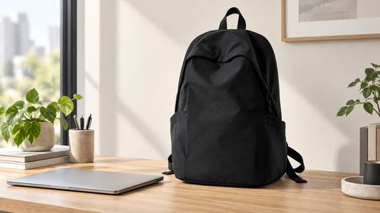 Black lightweight everyday laptop backpack closed on a light surface, product-led still life, no person