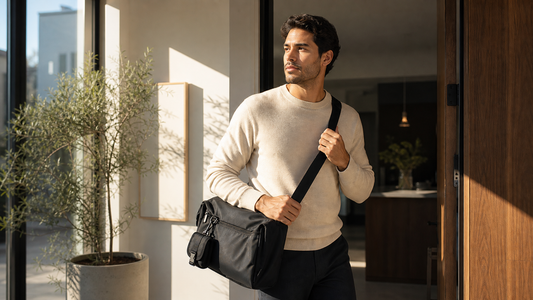 Man in cream sweater leaving a modern home doorway in morning light with a matte black crossbody messenger bag