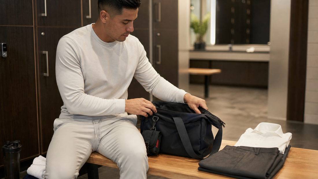 Person after morning workout at a locker area packing a compact dark bag for the commute to the office
