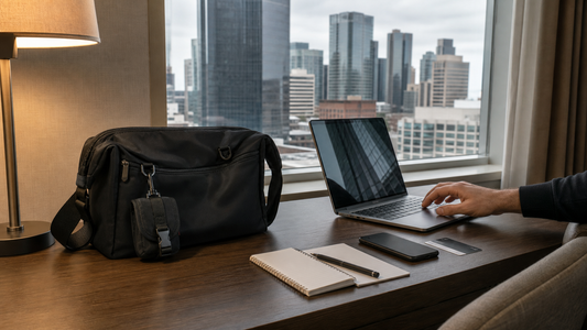 Black messenger bag on a hotel desk with an open laptop, notebook, phone, and city skyline through the window