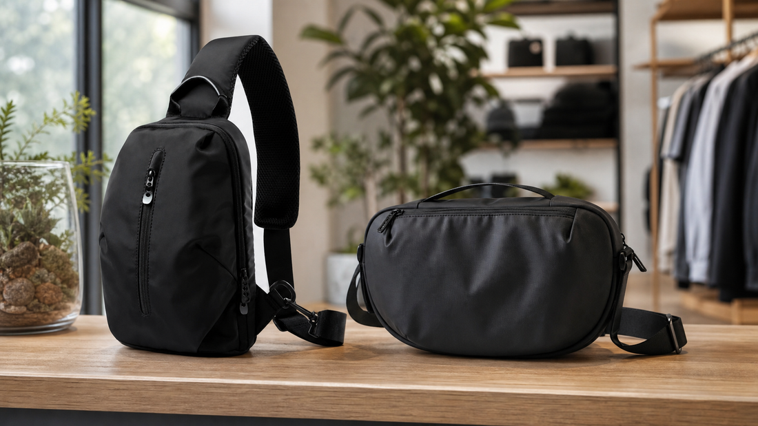 Person wearing a compact single-strap everyday bag in a city commute setting