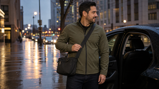 Man at a wet evening curb beside an open sedan with a black crossbody messenger, city lights and wet pavement