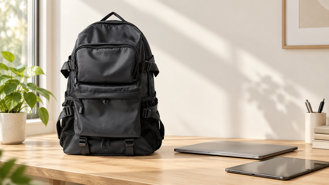 Black Apex dual-compartment multi-layer laptop backpack product-led still life on a light surface