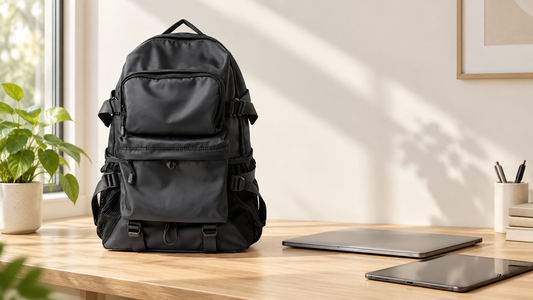 Black Apex dual-compartment multi-layer laptop backpack product-led still life on a light surface