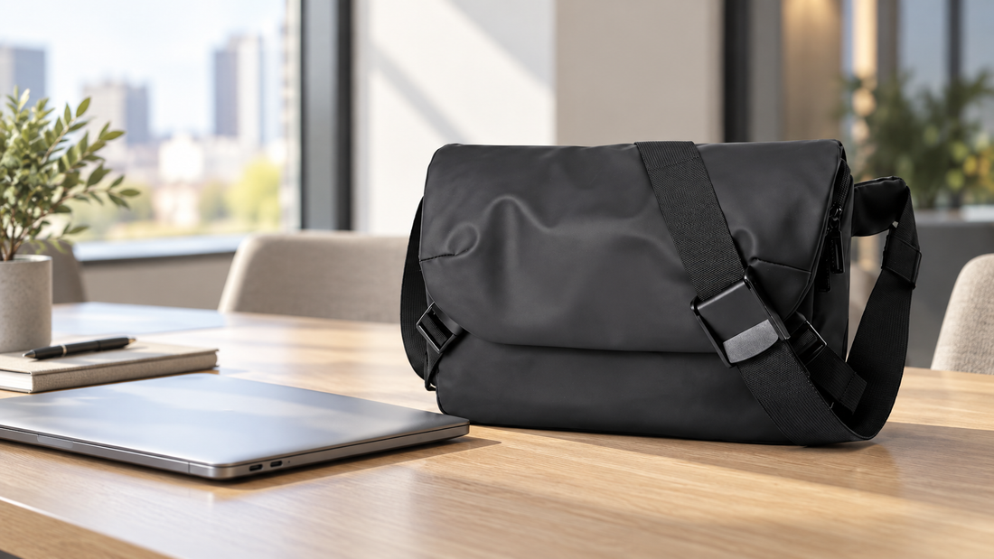 Black slim flap laptop brief product-led still life on a light oak desk