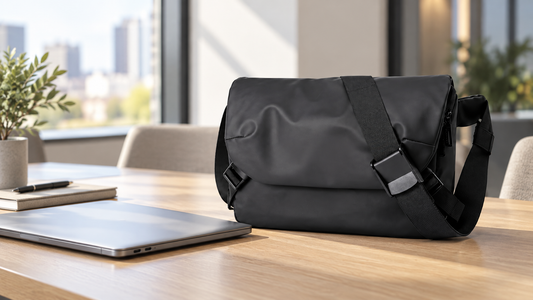Black slim flap laptop brief product-led still life on a light oak desk