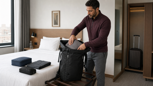 Man in a dark burgundy pullover packing a grey packing cube into an open black roll-top travel backpack on a hotel luggage rack