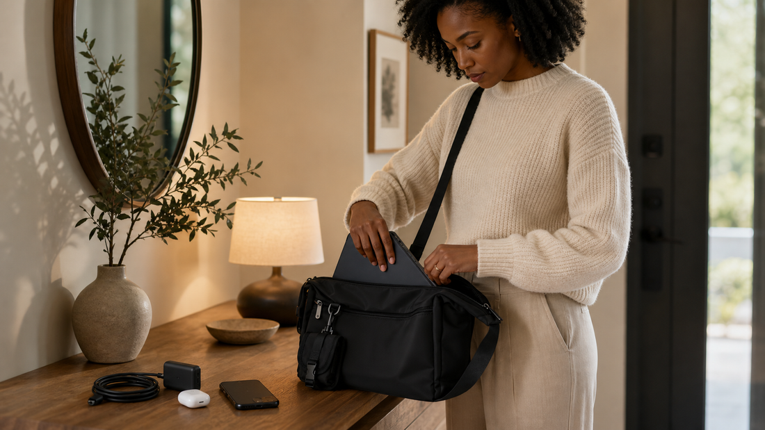 Woman packing a reduced tech kit into a black crossbody messenger bag at a residential entryway console