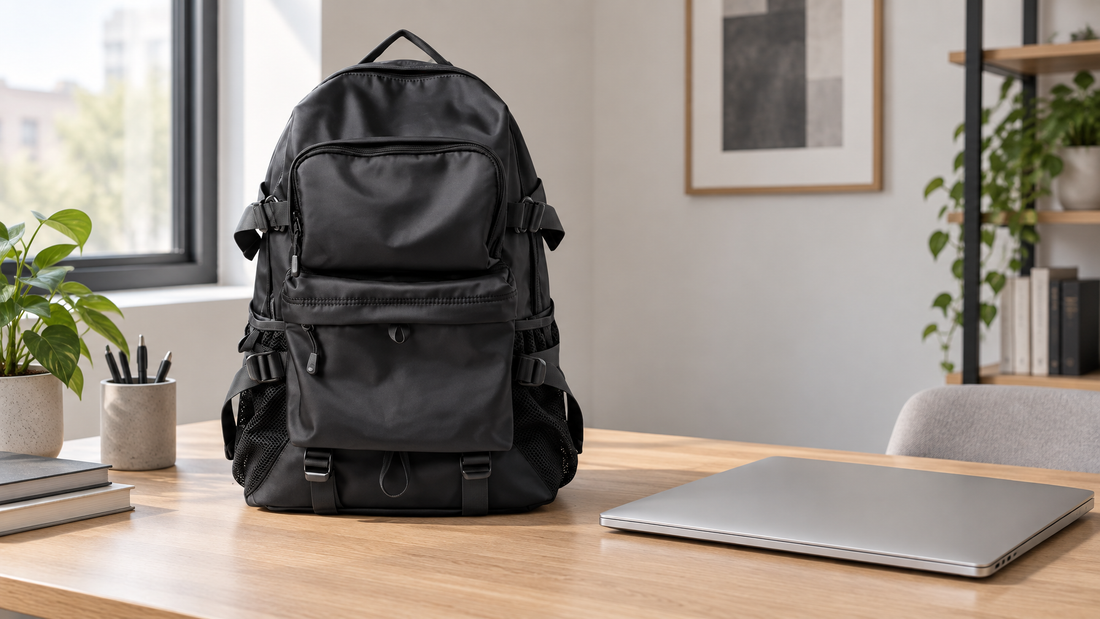 Black Apex-class 17-inch laptop backpack product still life for a larger notebook commute