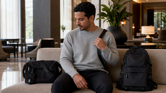Hispanic man in his late 30s in a hotel lobby comparing a compact black crossbody messenger and a larger black backpack on the seat beside him