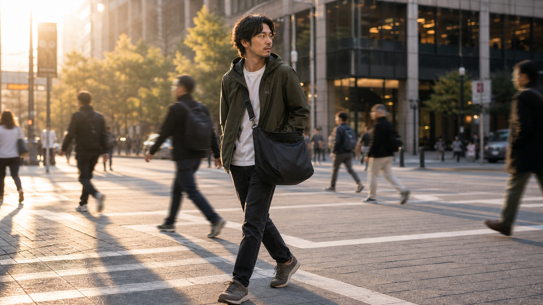 Man in late 20s wearing a dark olive Patagonia-style rain jacket striding through a city crosswalk in early morning golden light, carrying a large matte black structured crossbody messenger bag worn diagonally at hip level