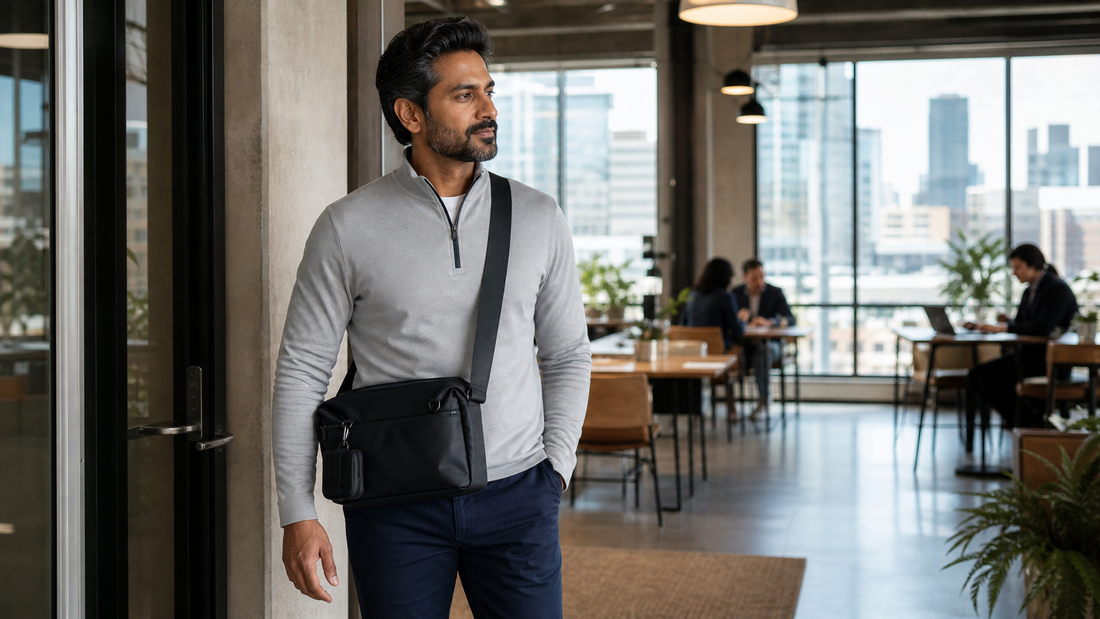 South Asian man in his late 30s arriving at a modern co-working space, Haven Messenger worn crossbody, floor-to-ceiling city windows behind him