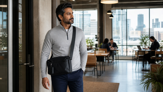South Asian man in his late 30s arriving at a modern co-working space, Haven Messenger worn crossbody, floor-to-ceiling city windows behind him