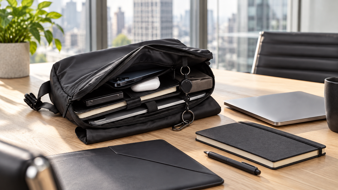 Open black slim laptop brief on a light oak conference table with laptop, portfolio, and notebook