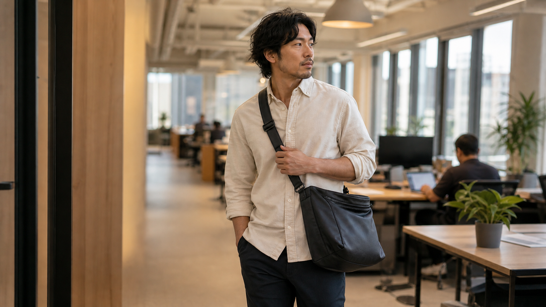 Hispanic professional in a modern open-plan workspace, dark structured crossbody messenger bag worn over shoulder, warm office ambient light, natural confident posture