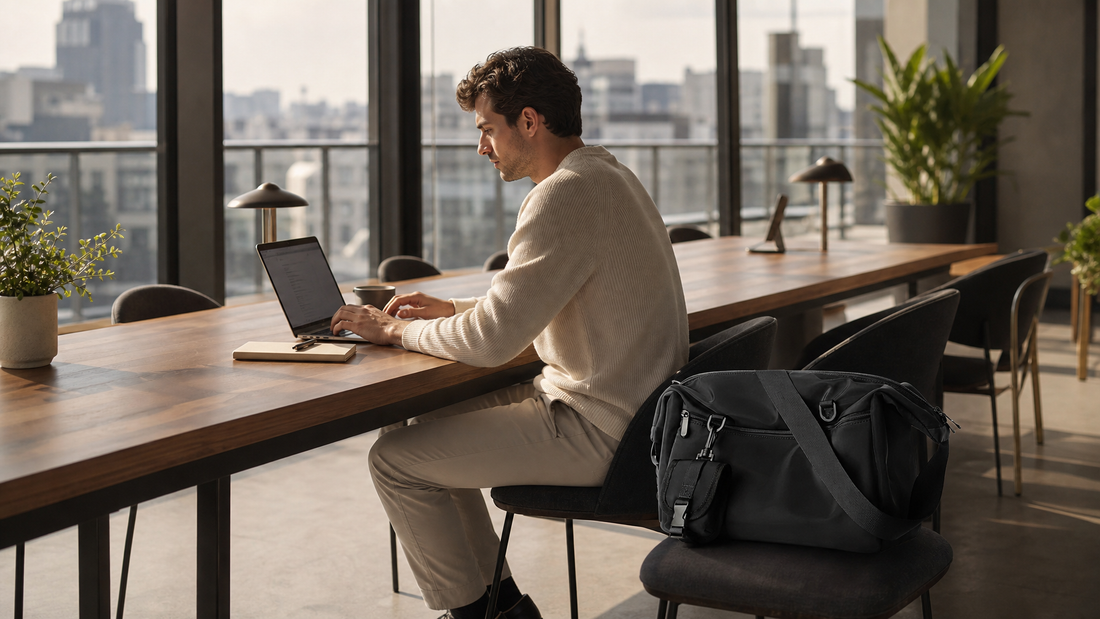Professional working at a coworking terrace table with a black messenger bag beside the chair