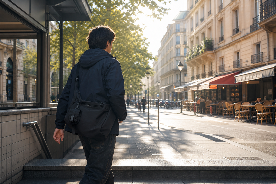 Person in dark technical jacket stepping out of a metro station onto a sun-drenched city street, compact matte black crossbody bag at hip level, the whole city day ahead of them
