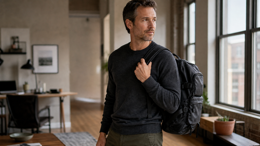 American man in charcoal sweater loading a black Apex laptop backpack by a loft window in morning light