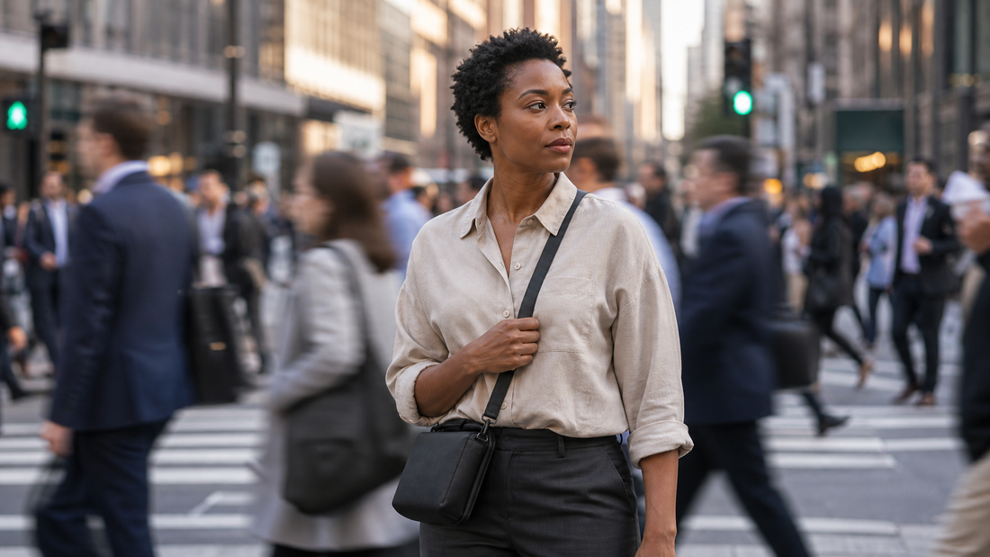 Black woman in early 30s crossing downtown city street during morning commute, small dark structured crossbody messenger bag held close to body, crowd blurred behind