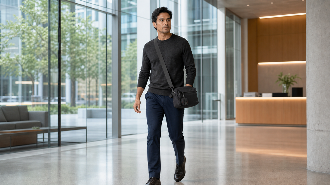 Man in a dark charcoal sweater walking through a modern glass office lobby with a black crossbody messenger bag at his hip