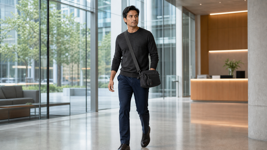 Man in a dark charcoal sweater walking through a modern glass office lobby with a black crossbody messenger bag at his hip