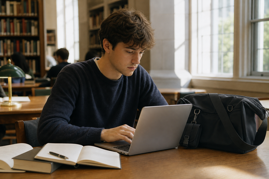 Student studying at a university library table with a laptop and lightweight black backpack